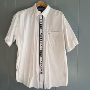 Vintage 90s Tommy Jeans zip up shirt white logo tape made in Hong Kong rare